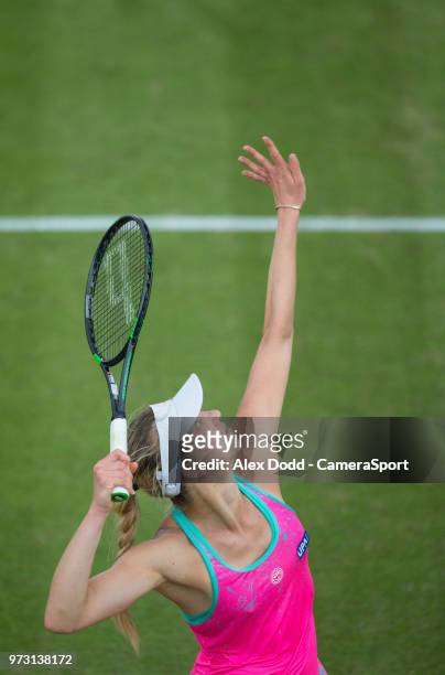 Mona Barthel serves during day 3 of the Nature Valley Open Tennis Tournament at Nottingham Tennis Centre on June 13, 2018 in Nottingham, England.