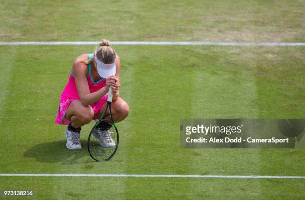 Mona Barthel rues a wasted chance during day 3 of the Nature Valley Open Tennis Tournament at Nottingham Tennis Centre on June 13, 2018 in...