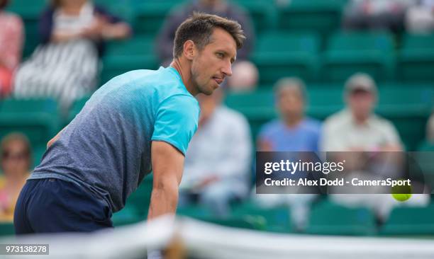 Sergiy Stakhovsky in action during day 3 of the Nature Valley Open Tennis Tournament at Nottingham Tennis Centre on June 13, 2018 in Nottingham,...