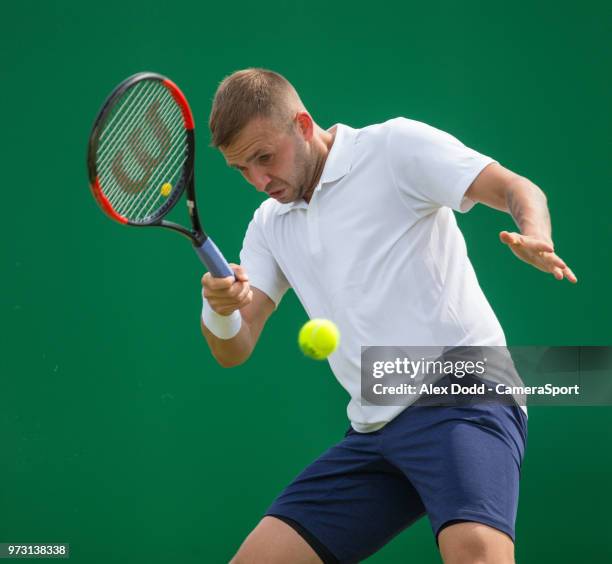 Daniel Evans in action during day 3 of the Nature Valley Open Tennis Tournament at Nottingham Tennis Centre on June 13, 2018 in Nottingham, England.