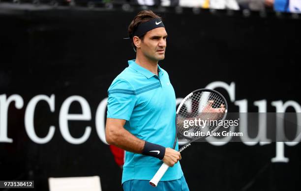 Roger Federer of Switzerland is seen during day 3 of the Mercedes Cup at Tennisclub Weissenhof on June 13, 2018 in Stuttgart, Germany. Roger Federer...