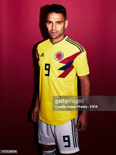 Radamel Falcao of Colombia poses for a portrait during the official FIFA World Cup 2018 portrait session at Kazan Ski Resort on June 13, 2018 in...