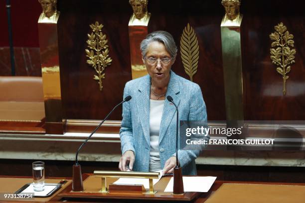 French Transports Minister Elisabeth Borne gives a speech prior to the vote on the state owned railway SNCF reform, which the government says is...