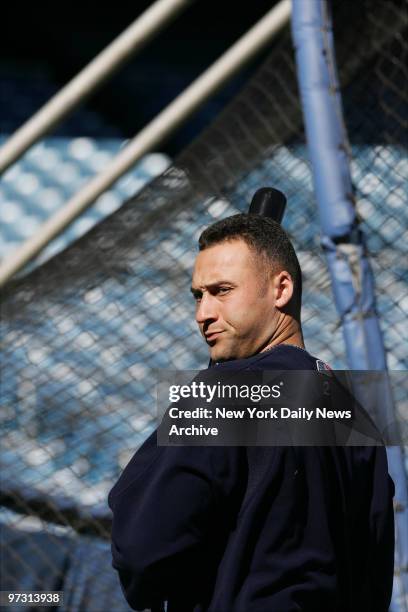 New York Yankees' shortstop Derek Jeter takes batting practice during a warmup for Game 1 of the American League Championship Series against the...