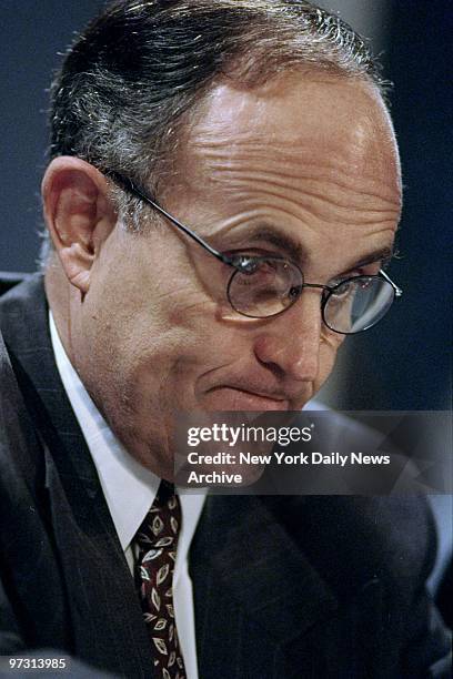 Mayor Rudy Giuliani at a hearing in the City Hall Blue Room where he signed the sprinkler bill, which affects city fire codes.