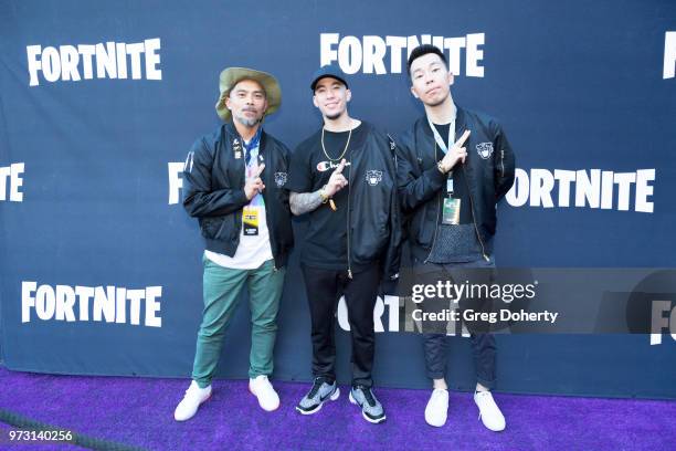 Lejay Raslin, John Ha and Nick Kim attend the Epic Games Hosts Fortnite Party Royale on June 12, 2018 in Los Angeles, California.