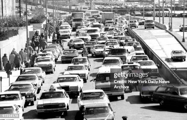 Traffic is a bit jammed at the East river Drive exit to South Street during the transit strike of 1980.
