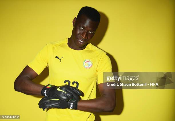 Alfred Gomis of Senegal poses for a portrait during the official FIFA World Cup 2018 portrait session at the team hotel on June 13, 2018 in Kaluga,...