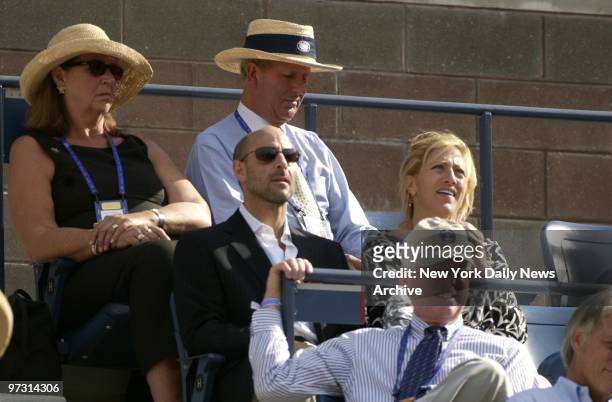 Stanley Tucci and Edie Falco are on hand for the men's final match between Andy Roddick of the U.S. And Juan Carlos Ferrero of Spain at the U.S. Open...