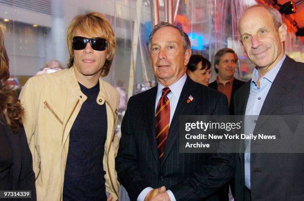 Jon Bon Jovi, Mayor Michael Bloomberg and Jonathan Tisch arrive for the 10th anniversary celebration for the Broadway show "Rent" at the Nederlander...