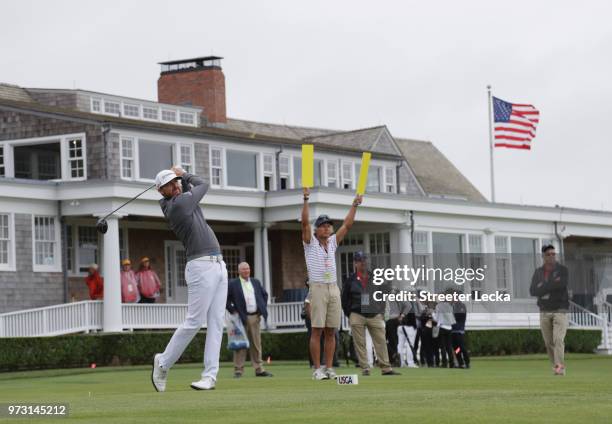 Jimmy Walker of the United States plays his shot from the 14th tee during a practice round prior to the 2018 U.S. Open at Shinnecock Hills Golf Club...