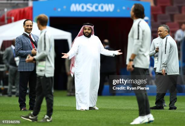 Saudi Arabia Sports Minister Turki al-Sheikh walks on the pitch during a Saudi Arabia training session ahead of the 2018 FIFA World Cup opening match...