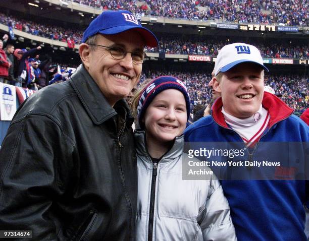 Mayor Rudy Giuliani is on hand with daughter Caroline and son Andrew at NFC Championship Game between the New York Giants and the Minnesota Vikings...