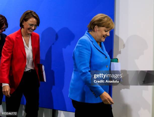 German Chancellor Angela Merkel , German Minister of State for Migration, Refugees and Integration, Annette Widmann-Mauz give a joint press...