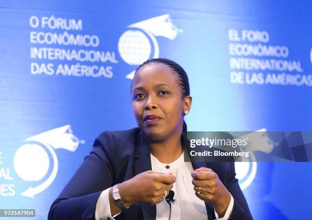 Clare Akamanzi, chief executive officer of the Rwanda Development Board, speaks during the International Economic Forum Of The Americas in Montreal,...