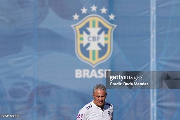 Tite, Head coach of Brazil looks on during a Brazil training session ahead of the FIFA World Cup 2018 at Yug-Sport Stadium on June 13, 2018 in Sochi,...