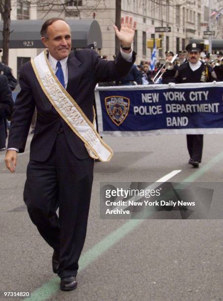 Mayor Rudy Giuliani marches in the Greek Independence Day Parade on Fifth Ave.