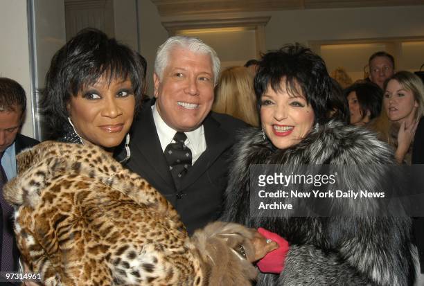 Dennis Basso is joined by Patti LaBelle and Liza Minnelli at the grand opening of his flagship store on Madison Ave.