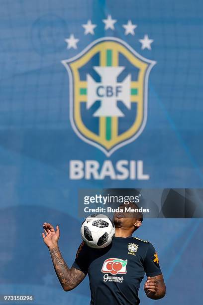 Gabriel Jesus of Brazil controls the ball during a Brazil training session ahead of the FIFA World Cup 2018 at Yug-Sport Stadium on June 13, 2018 in...