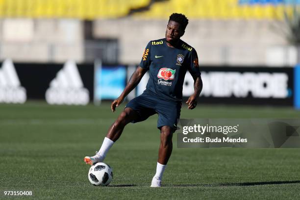 Fred Rodrigues Brazil controls the ball during a Brazil training session ahead of the FIFA World Cup 2018 at Yug-Sport Stadium on June 13, 2018 in...