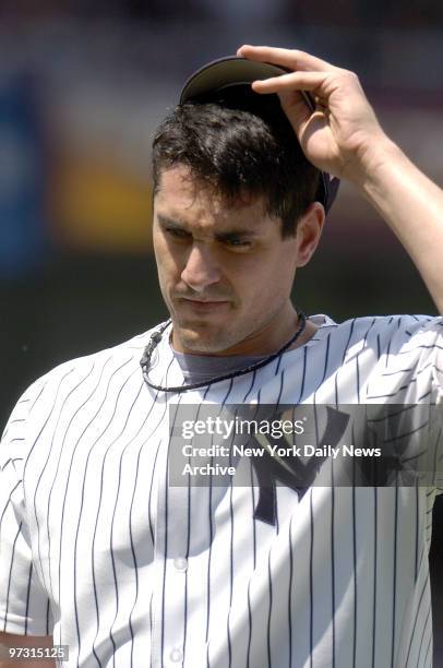 New York Yankees' starter Carl Pavano frowns during the second inning of Game 2 of a three-game series between the Yanks and the Boston Red Sox at...