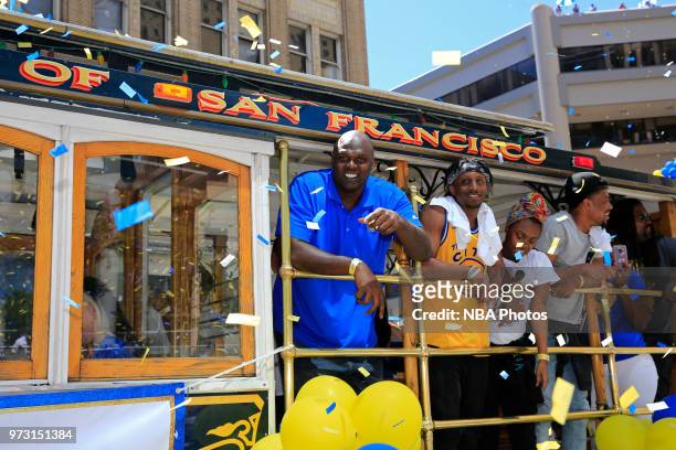 Former NBA player, Adonal Foyle celebrates during the Golden State Warriors Victory Parade on June 12, 2018 in Oakland, California. NOTE TO USER:...