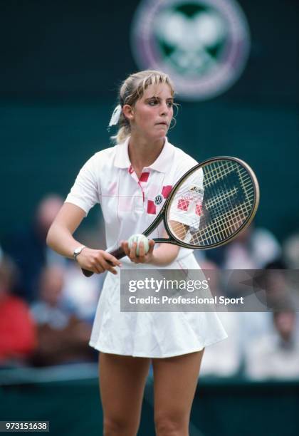 Carling Bassett of Canada in action against Andrea Temesvari of Hungary in their Women's Singles third round match during the Wimbledon Lawn Tennis...