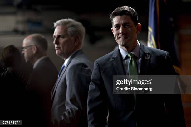 House Speaker Paul Ryan, a Republican from Wisconsin, right, and House Majority Leader Kevin McCarthy, a Republican from California, left, arrive to...