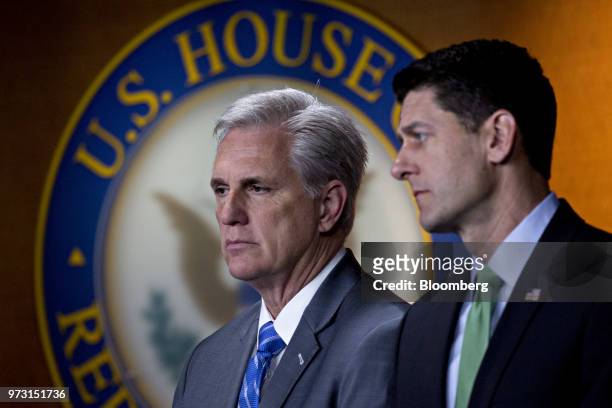 House Majority Leader Kevin McCarthy, a Republican from California, left, and U.S. House Speaker Paul Ryan, a Republican from Wisconsin, listen...
