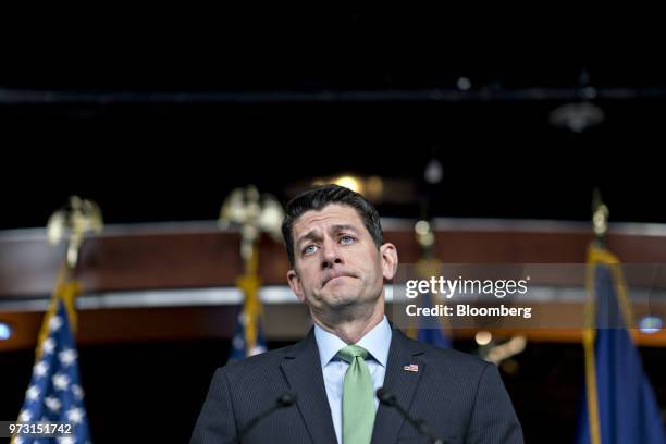 House Speaker Paul Ryan, a Republican from Wisconsin, listens to a question during a news conference on Capitol Hill in Washington, D.C., U.S., on...