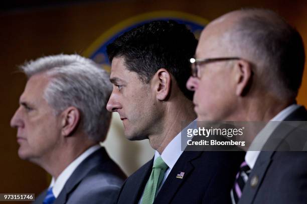 House Majority Leader Kevin McCarthy, a Republican from California, from left, U.S. House Speaker Paul Ryan, a Republican from Wisconsin, and...