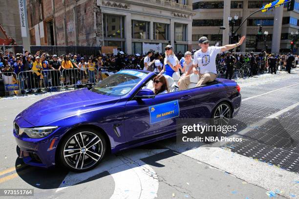 Jim Barnett waves to fans during the Golden State Warriors Victory Parade on June 12, 2018 in Oakland, California. NOTE TO USER: User expressly...