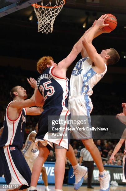 Gonzaga Bulldogs' David Pendergraft blocks the shot of North Carolina Tarheels' Tyler Hansbrough during the National Invitation Tournament Season...