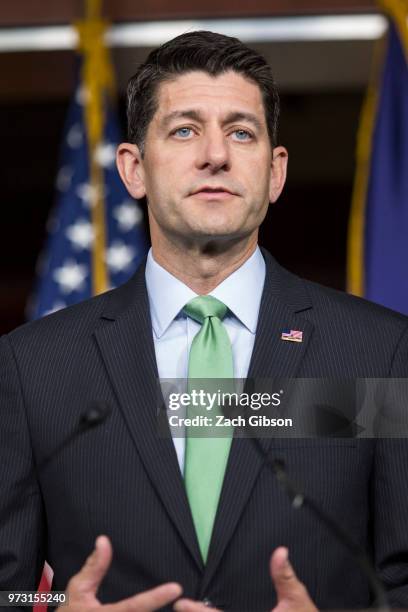 House Speaker Paul Ryan speaks during a news conference following a Republican Conference meeting on Capitol Hill on June 13, 2018 in Washington, DC.
