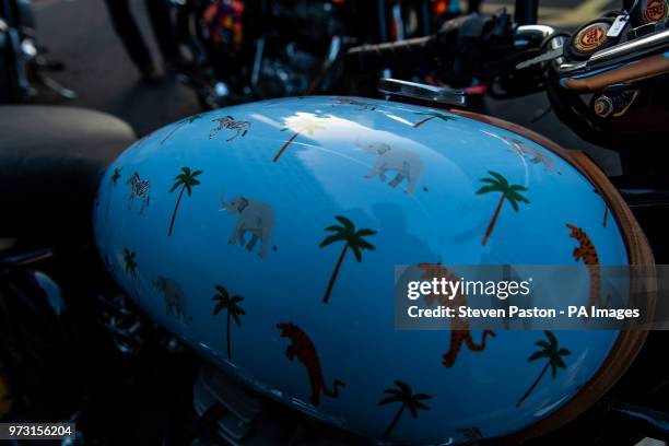 Details of the customised Royal Enfield fleet for the Elephant Family's 'Concours dâÃ©lÃ©phantâ dawn raid during the photocall in London. PRESS...