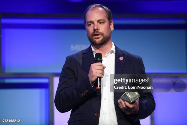 Dublin , Ireland - 13 June 2018; Brad van Leeuwen, Head of Partnerships, Railsbank, winner of the PITCH final, on Centre Stage during day two of...
