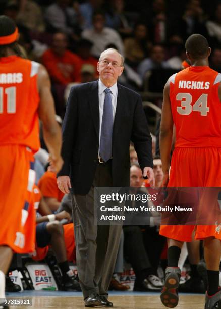 Syracuse Orange's head coach Jim Boeheim looks at his players coming to the sideline during a Big East Tournament quarterfinal game against the Notre...