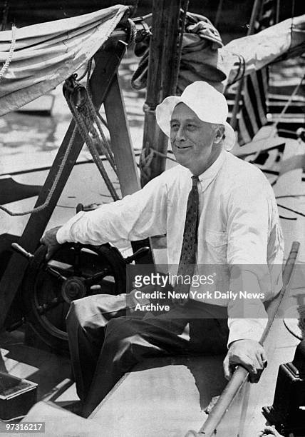 Gov. Franklin D. Roosevelt aboard Myth II before setting sail for a cruise along the New England coast.
