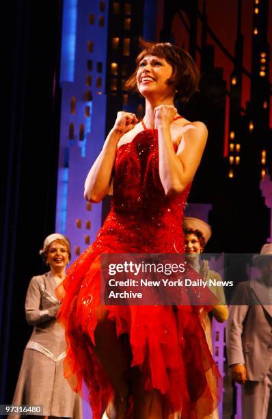 Star of play Sutton Foster rejoices during curtain call on opening night of the Broadway musical "Thoroughly Modern Millie" at the Marquis Theatre.