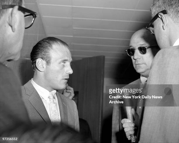 Joseph "Joey" Gallo, also known as "Crazy Joe" and "Joe The Blond", at Supreme Court Grand Jury room in Brooklyn., being interviewed with Joe...