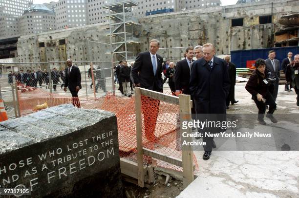 Gov. George Pataki tours Ground Zero with World Trade Center leaseholder Larry Silverstein near the cornerstone of a 1,776-foot Freedom Tower to be...