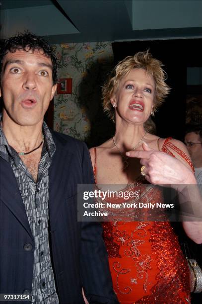 Melanie Griffith and husband Antonio Banderas celebrate the opening night of the Broadway musical revival "Nine" during an after-party at the China...