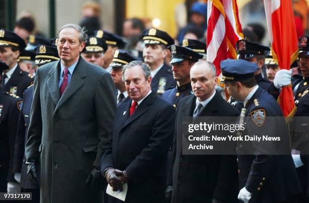 Gov. George Pataki, Mayor Michael Bloomberg, and Police Commissioner Raymond Kelly outside St. Patrick's Cathedral during memorial service for Police...