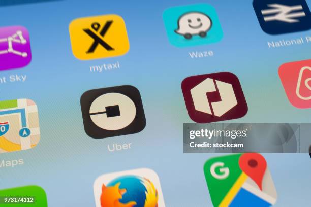 uber, uber driver and other travel apps on ipad screen - mozilla firefox stock pictures, royalty-free photos & images