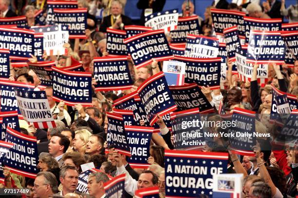 Delegates deliver their message on the first day of the Republican National Convention at Madison Square Garden.