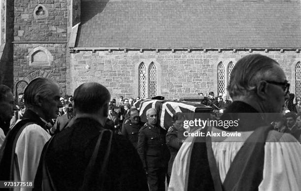 The remains of Warrant Officer Harold Sinnamon, 8th County Tyrone Battalion, Ulster Defence Regiment, leave Altedesert Parish Church of Ireland...