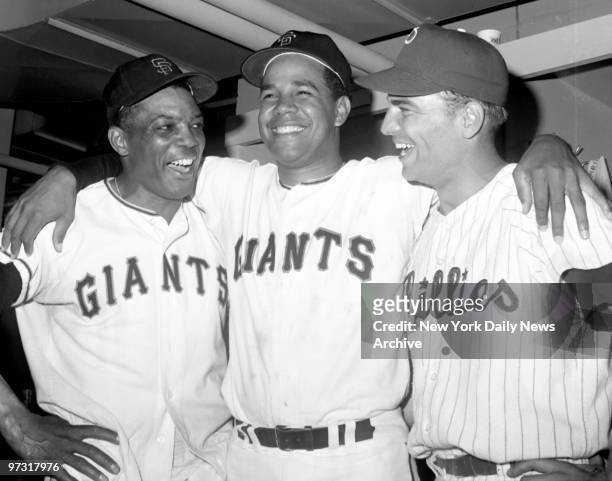 Jubilant NLers Giants' Willie Mays, pitcher Juan Marichal of Giants and Phillies' Johnny Callison laugh it up after whipping ALers to deadlock...