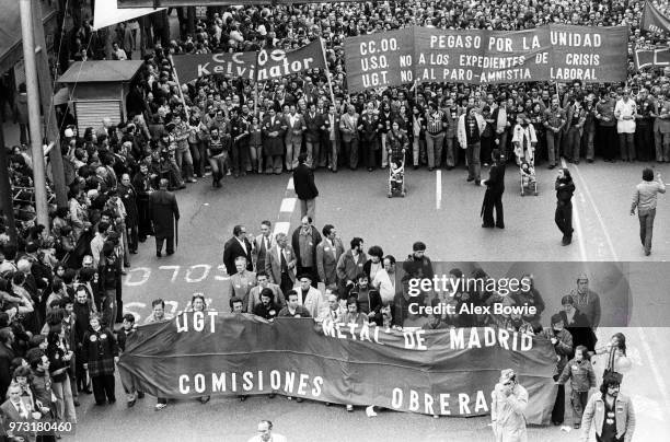 Thousands of workers gather in a May Day rally, Madrid, Spain, 1st May 1978. Banners from trade unions include the Workers' Commissions , the Unión...