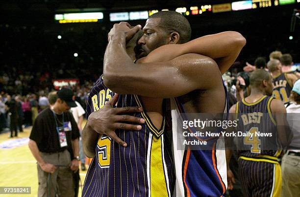 New York Knicks' Larry Johnson congratulates Indiana Pacers' Jalen Rose after Game 6 of the Eastern Conference finals at Madison Square Garden. The...