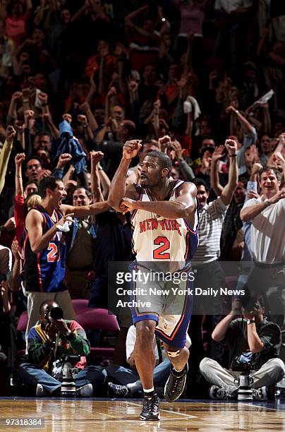 New York Knicks' Larry Johnson makes his trademark "L" as crowd roars after the Knicks won Game 4 of the NBA Eastern Conference finals against the...